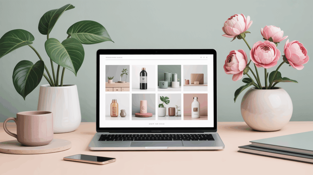 Esimerkkejä onnistuneista suomalaisista Shopify-verkkokaupoista, kannettava tietokone jonka näytöllä verkkokaupan tuotegridi sekä viherkasvit ja kukat työpöydällä