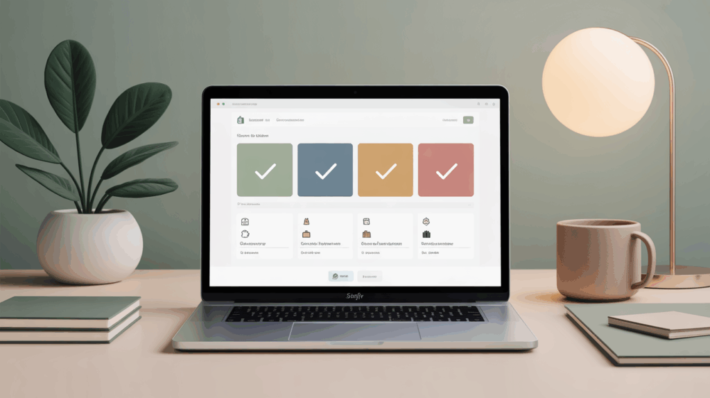 Miksi valita Shopify-verkkokauppa, kannettava tietokone jonka näytöllä on Shopify-hallintapaneeli sekä viherkasvi, lamppu ja kahvikuppi työpöydällä