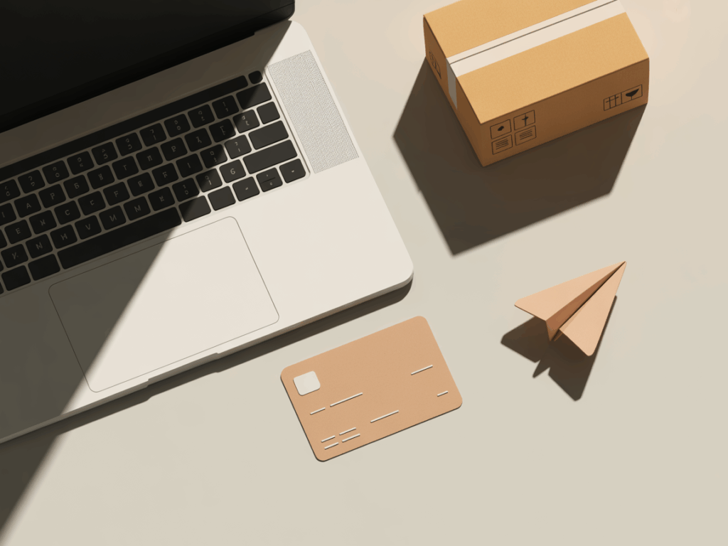 Shopify-toimitukset ja toimituskulut, kannettava tietokone, pahvilaatikko, maksukortti ja paperinen lentokone työpöydällä