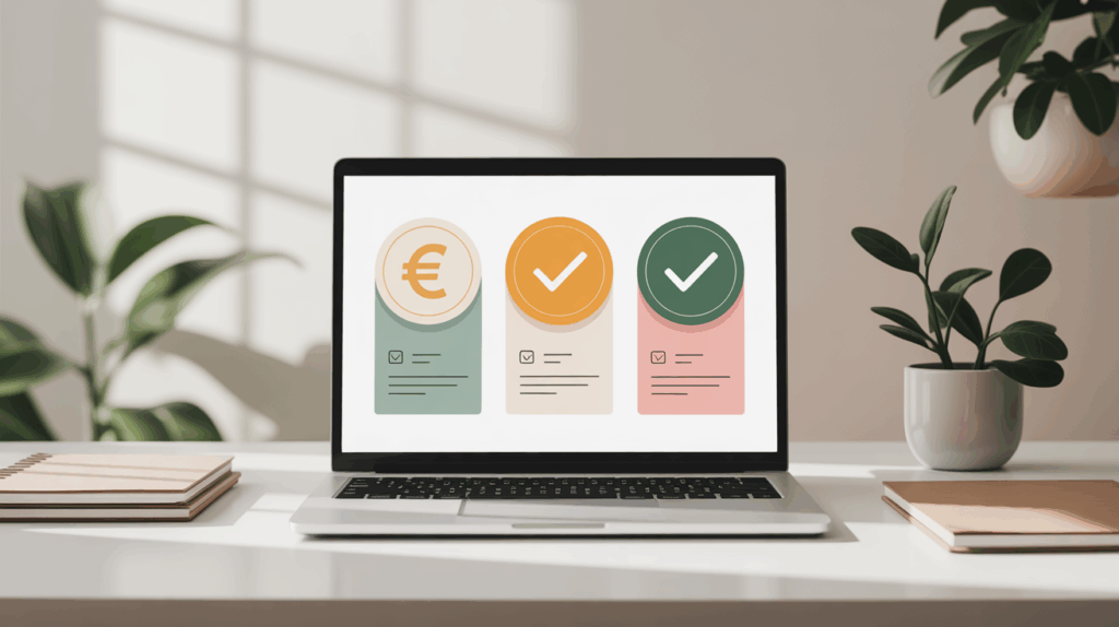 Shopify hinnoittelu ja verkkokaupan kustannukset 2026, kannettava tietokone jonka näytöllä hinnoittelukortit sekä viherkasvit ja muistikirja työpöydällä