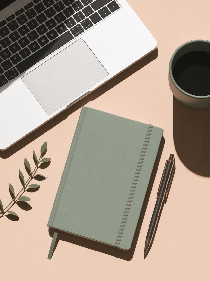 Shopify-opas suomalaisille yrittäjille, kannettava tietokone, muistikirja ja kahvikuppi työpöydällä
