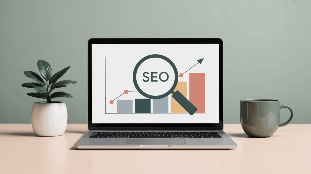 Shopify SEO ja markkinointi, kannettava tietokone jonka näytöllä SEO-teksti suurennuslasin alla ja kasvava kaavio sekä viherkasvi ja kahvikuppi työpöydällä