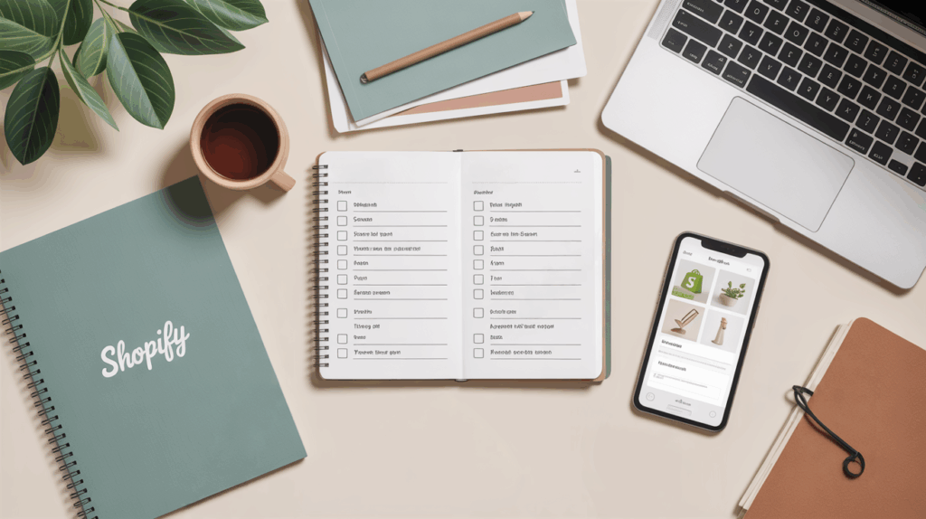 Shopify-verkkokaupan perustaminen vaihe vaiheelta, työpöydällä Shopify-muistikirja, avoin tehtävälista, kannettava tietokone ja puhelin