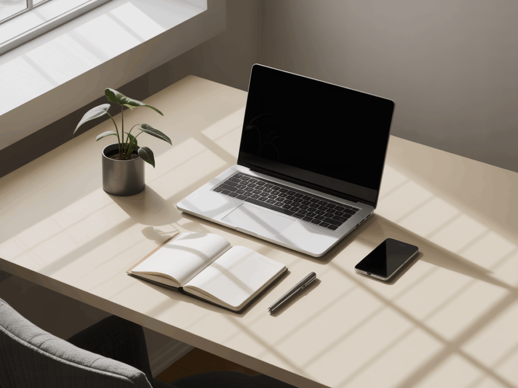 Shopify-verkkokaupan ulkoasun ja rakenteen suunnittelu, valoisa työpöytä jossa kannettava tietokone, avoin muistikirja, puhelin ja viherkasvi