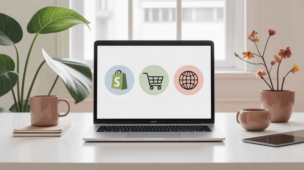 Mitä Shopify on ja kenelle se sopii, kannettava tietokone jonka näytöllä Shopify-logo, ostoskärry ja maapallo sekä viherkasvit ja kahvikupit työpöydällä