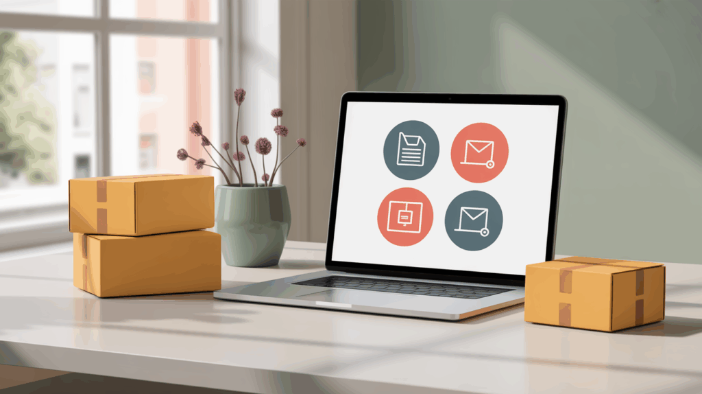 Toimitukset logistiikka ja kansainvälinen myynti Shopifyssa, kannettava tietokone jonka näytöllä toimitusikoneita sekä pakettipino työpöydällä